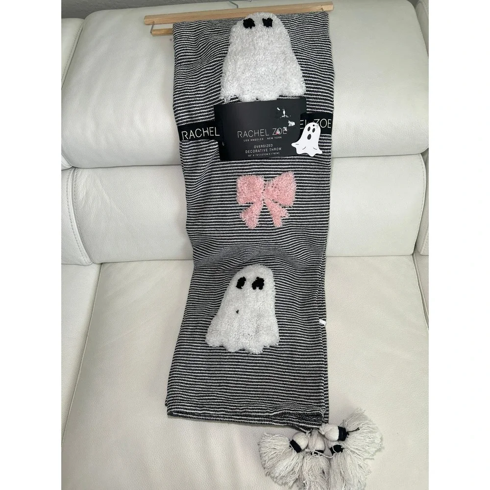 Rachel Zoe Ghost Bow Throw Blanket 50x70 Black White Pink Striped Tassel NEW